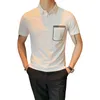 British Style Summer Men Shirts Short Sleeve Solid Front Pocket Decor Korean Slim Fit Casual Homme Streetwear 3XL-M Men's Polos