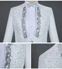 Белые Sparkly Crystals Вышивка Мужские Костюмы с Брюками Свадьба Groom Tuxedo Костюм Мужчины Стенд Воротник Стадия Костюм Homme Mariage 210522