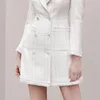 女性の白い格子縞のポケットダブルブレストハイウエストのドレスノッチ長袖スリムフィットファッション潮の夏7e7733 210421
