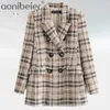 Aonibeier Vintage Retro Check Pattern Double Breasted Ladie Casual Plaid Blazer And Skirt Two-Piece Office Lady Work 210930