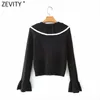 Women Sweet Black White Patchwork Ruffles Cardigan Knitting Sweater Female Chic Flare Sleeve Casual Slim Tops S646 210420