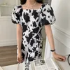 Retro chic mjölkmönster Prom Party Animal Printed Vintage Loose-passande Mini Dress Femme All Match Vestidos 210525