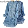 Brodé Denim Chemise Robe Bleu Lâche Printemps À Manches Longues D'été Travail Offiec Lady Vestidos Coton 210604