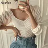 Elegant Houten Oor Patchwork Temperament T-shirt Dames Vierkante Kraag Bladerde Pullover Tee Spring Ladies Top 210422