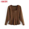 Kvinnor Vår Elegant Fransk Stil Stickad Tröja Jumper Square Neck Female Pullovers Chic Toppar 3H402 210416