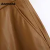AACHOAE Vintage PU Искусственные кожаные коричневые брюки Женщины Высокая талия Мода Длинные Брюки Молния Летание Дамы Дамы Карандашные Брюки Pantalones 210413