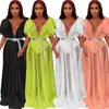 2019 Summer Femmes Mesh Transparent Deep V-Col V Taille Haute Maxi Robe Sexy Nigth Club Party Flare Manches Longues Robes Robes 210331