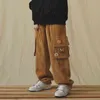 QWEEK Japanische Streetwear Cordhose Vintage Braune Cargotaschen Übergroße koreanische Stilhose mit weitem Bein weiblich 211124