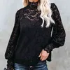 Mulheres preto laço blusa colete dois pedaços sets primavera turtleneck casual luva longa sexy oco out lace blouse tops conjuntos 210416