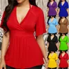 5XL Plus Size Women Solid T Shirt Short Sleeve Short Sexy V-neck Shirts Casual Tops Tight Waist Slim T-Shirts Casual Top 2019 X0628