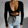 ArtSu Red Black Pink Bandage V-Neck Front Tie Up Top Women Long Sleeve Skinny Sexy Crop Tops Streetwear Female Cut Out Tee Shirt Y0629
