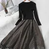 Ly Varey Lin Jesień Kobiety Dzianiny Tulle Patchwork Suknie Elegancki Długi Rękaw Polka Dot A Line Black Slim 210526