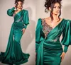 Hunter Green Mermaid Abend Pageant Kleider 2022 Langarm Crystal Flecken Afrikanisch Arabisch ASO EBI Fischtail Prom Abendhemd