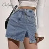 Summer Women Party Denim Side Split Vita alta Tasche solide Bottone Jeans casual Gonna 210415