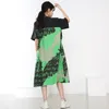 [EAM] Women Green Print Pocket Spliced Big Size Dress Lapel Half Sleeve Loose Fit Fashion Spring Summer 1DD7305 210512