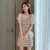 Summer Women Square Collar Dress Fashion Office Ladies Pink grid Patchwork Mesh shiny slice Bodycon Pencil Party Dress 210514