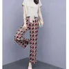 Summer Office Moda Two Parte Calças Conjuntos Mulheres Manga Curta Tops + Impresso Ankle-Length Ternos Coreanos Outfits Femme 210513