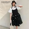 Siyah Spagetti Kayışı Elbise Bahar Papatya Çiçek Aplike Siyahsız Dantelli Kadın Kore Kawaii Giysileri 210427
