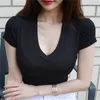 WOMENGAGA Corée Vêtements pour femmes Sexy Serré Poitrine Mince Profonde Col En V Basique T-shirt À Manches Courtes T-shirts Kawaii Tops Y2k Top N58R 210603