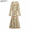 Zevity Women Vintage V Neck Tropical Leaves Print Casual Loose Midi Dress Female Chic Hole Party Vestido Clothes DS4933 210603