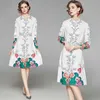 秋のエレガントな花のヴィンテージのドレスファッションカジュアルな女性長袖ハイウエストスリムvestidos 210531