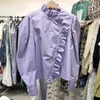 Sweet Ruffles Buttoned Shirts Women Purple Blouses Puff Sleeve Blusas Mujer Korean Fashion Long Sleeve Womens Tops 210514