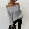 Kvinnors tröjor Kvinnor utanför axlarna Kvinnor Stickad Casual Womens Long-Sleeved One-Word Collar Pullover Sleeve Solid Color Sweater