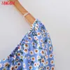 Tangada Summer Women Blue Flowers Print Vintage Dress Square Neck Krótki Rękaw Panie Midi Robe 2m56 210609