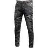 European Vintage Fashion Men Jeans Black Grey Elastic Slim Fit Ripped Retro Designer Distreed Casual Denim Byxor ECM3