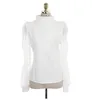 Mode zomer dames elegante bladerdeeg chiffon shirt vrouwen lange mouw stand kleur Multilayer ruches blouse top 210416