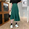 Black White Korean Ruffles Midi A-line Skirts Casual Women Summer Trumpet High Waist Irregular Mermaid Female 210601