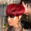 Peruca de cabelo humano ombré cor vermelha curta corte duende peruca completa feita à máquina nenhum peruca frontal de renda com franja para festa de cosplay feminino preto/branco