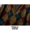Trafの女性のリブ付きトリムのファッションアーガイルカーディガンセータービンテージ長袖ボタンアップ女性の上着シックトップ210415