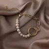 Link Chain Baroque Pearl Big Circle Alloy Bracelet Women Handmade Mix Strand Bead For Jewelry Gift Kent22
