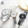 Shengke Women Watch Ripple Texture Small 32 mm Ring Silver Mesh Band Japansk Quartz Rörelse Klockor Relogio Feminino 210720