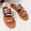 Zapatillas de verano para mujer, sandalias transpirables con punta abierta y diamantes de imitación de banda estrecha para la playa, chanclas planas de moda 2021