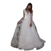 2021 A-Linie Brautkleider Plus Size Brautkleider V-Ausschnitt Langarm Spitze Applikationen Covered Button Vestios De Novia