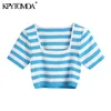Women Sweet Fashion Striped Cropped Knitted Blouses Square Collar Short Sleeve Female Shirts Chic Tops 210420