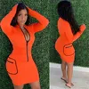 Produkt Striped Patchwork Kvinnor Klänning med Pocket Zipper Långärmad Bodycon Mini Robe Streetwear Gratis 210525