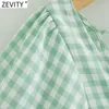 Zevity Women Vintage Square Collar Plaid Print Casual Vestidos Ladies Peats Back Lace Up Casual Slim Kimono Dresses DS4287 210603