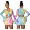 Femmes Sexy maille imprimé manches évasées moulante Mini jupes 2 deux pièces tenues ensemble mode Streetwear discothèque vêtements 2022