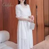 夏の女性パーティー中空アウトチュニックエレガントな白いレースのMidi Dress 210415