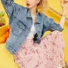 Women Denim Jacket Blue Loose Embroidery Frayed Pocket Oversize Moto Biker Punk Rose C0090 210514