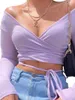 Женская футболка нежная фиолетовая V-образным вырезом топ осень одежда повязка обертывает тонкие вершины высокой улицы вязаное вне-плечо 210522
