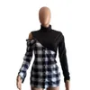 Contraste Plaid Classique Mode Femme Robes Hors Épaule À Manches Longues Vintage Casual Bureau Lady Élégant Travail Porter En Gros 210525