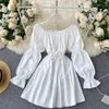 Women Autumn Sexy Slash Neck Two Side Wear Puff Sleeve Dress Nipped Waist Slim Fit Japan Style Mini Female Vestidos PL485 210506