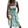 Sommar Kvinnors Klänning Mode Blomma Print A-Line Kvinnor Klänning Fickor Bandage Decor Sling Ärmklar Square Collar Slim Dress 210712