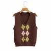 vintage argyle sweater vest women sleeveless brown knitted sweater pullovers casual streetstyle short sweater vest 210415