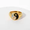 Anéis de casamento super espumante zircão yin yang anel 18k ouro banhado aço inoxidável preto bague