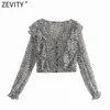 Zevity Women Vintage Vネックヒョウプリントショートスモックブラウス女性プリーツフリルキモノシャツシッククロップBlusas TOPS LS9359 210603